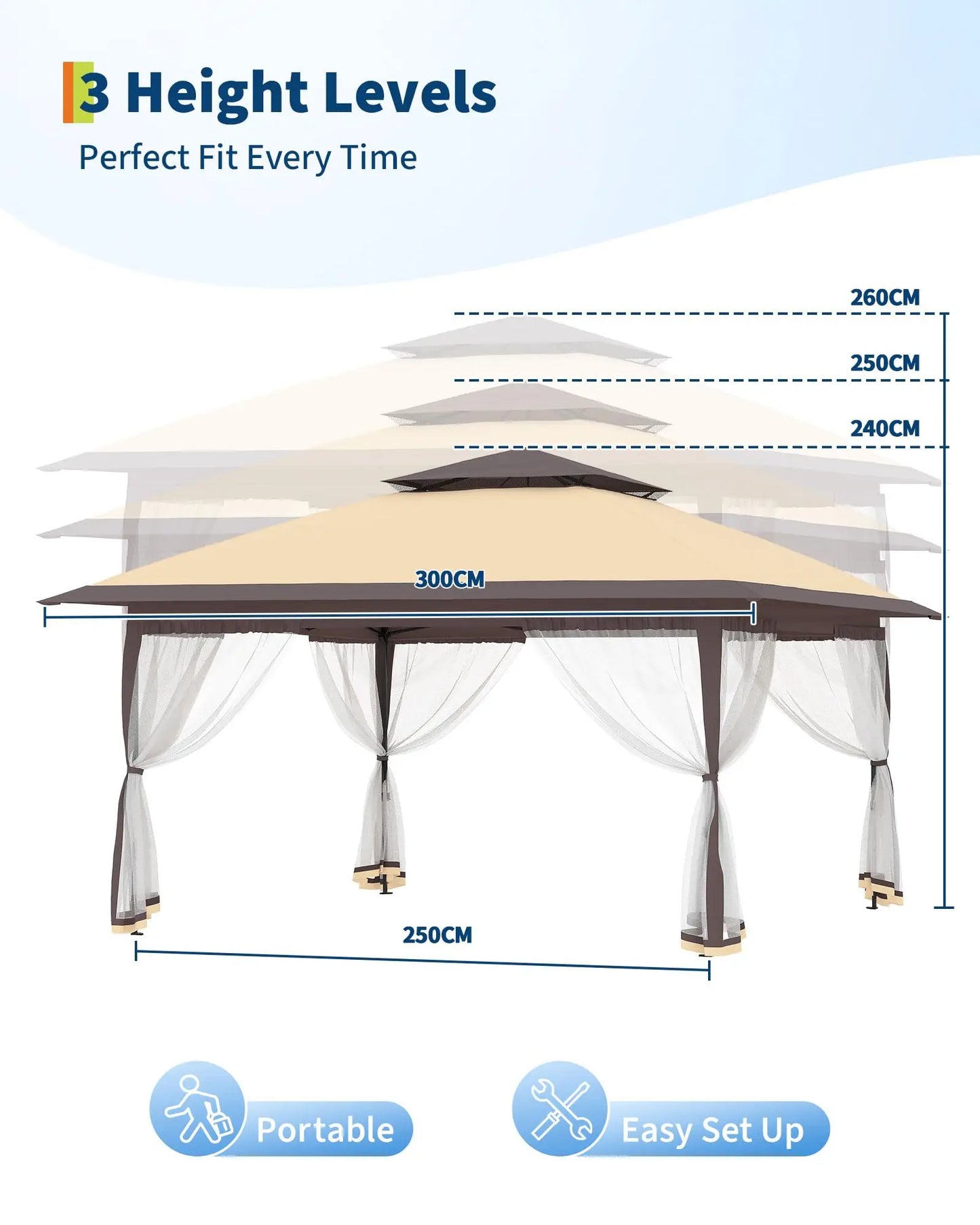 Garden Pavilion 3x3m with 4 Removable Mosquito Net Sidewalls – Waterproof & Adjustable