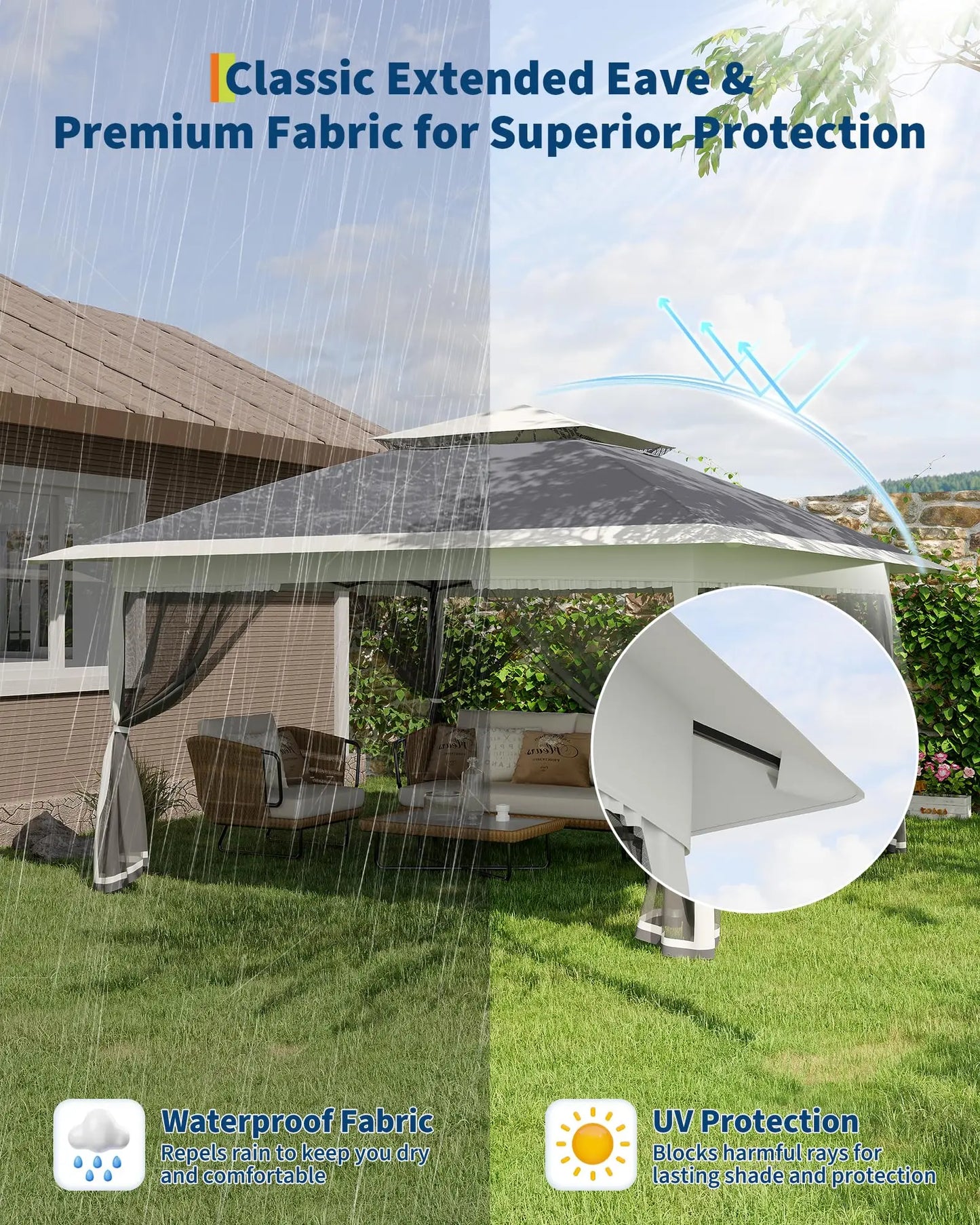 Garden Pavilion 3x3m with 4 Removable Mosquito Net Sidewalls – Waterproof & Adjustable