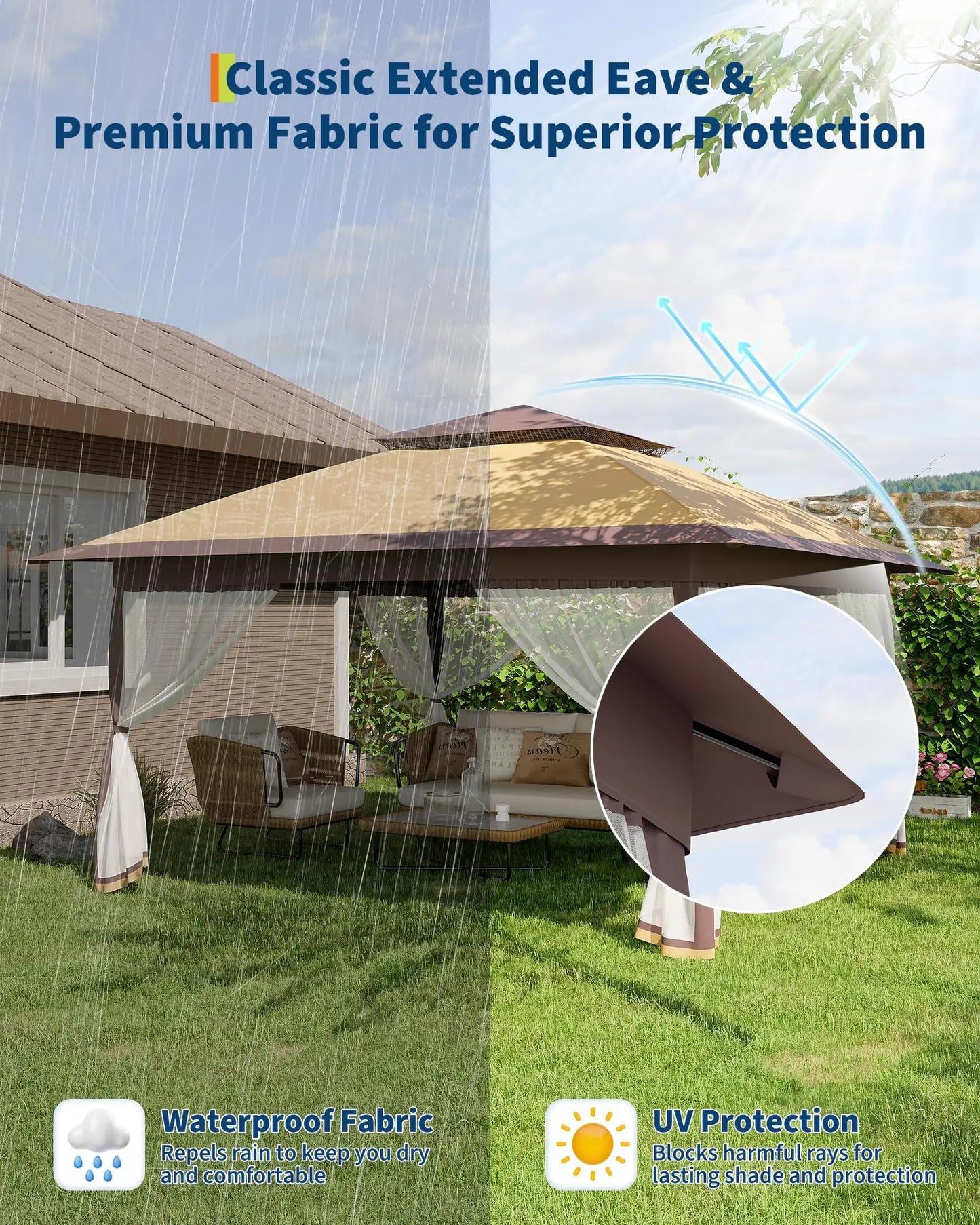 Garden Pavilion 3x3m with 4 Removable Mosquito Net Sidewalls – Waterproof & Adjustable