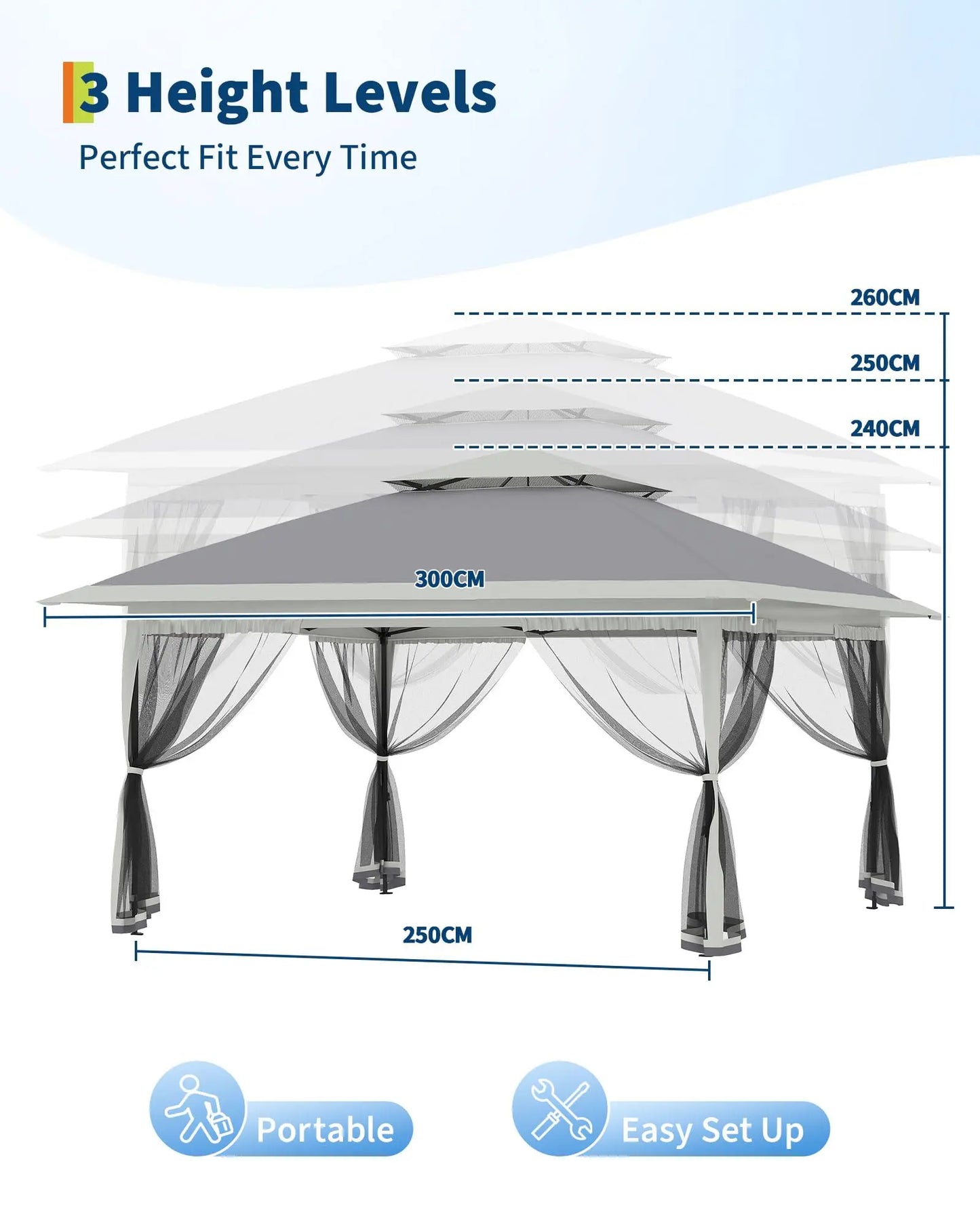Garden Pavilion 3x3m with 4 Removable Mosquito Net Sidewalls – Waterproof & Adjustable